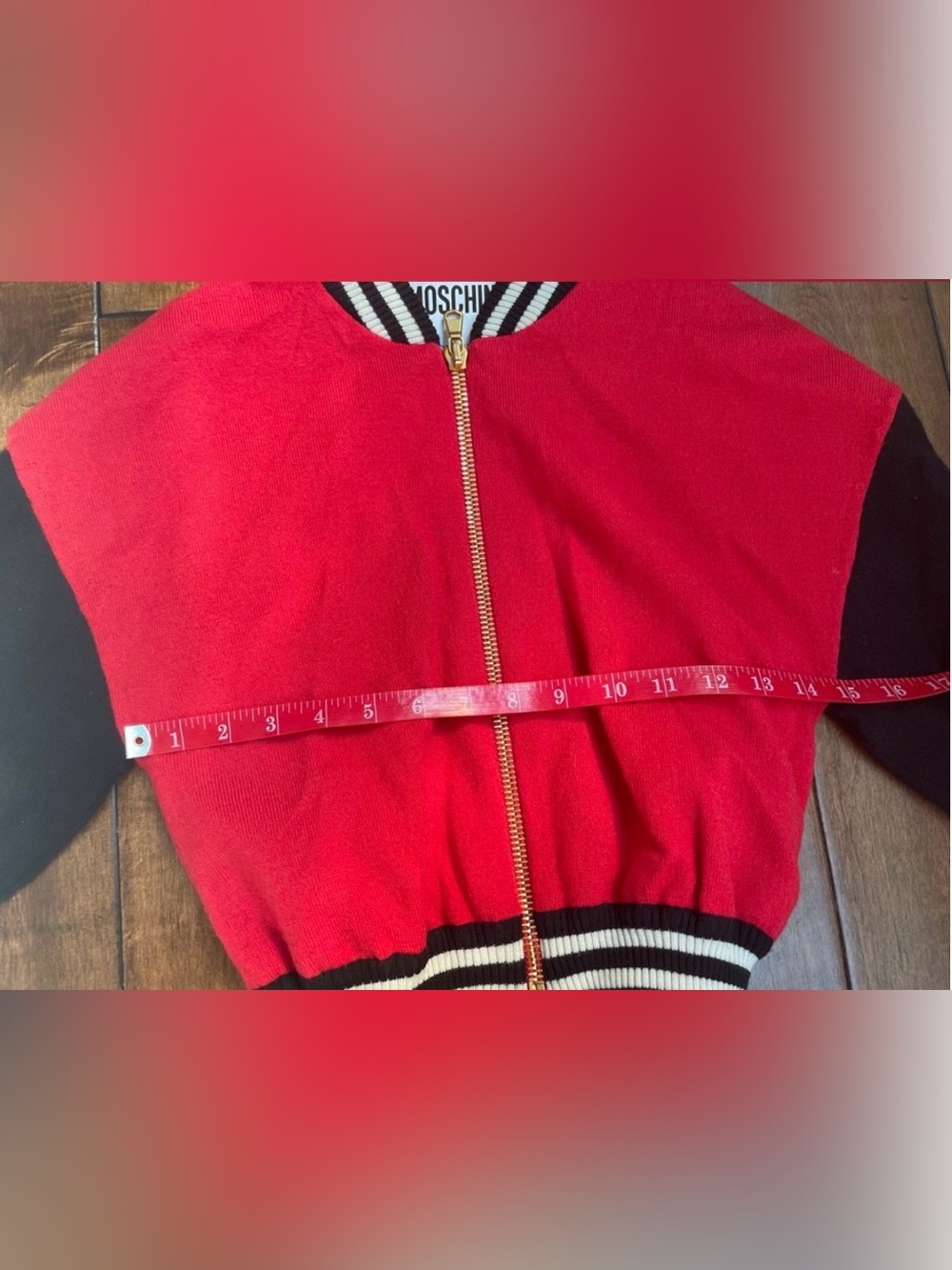 Moschino Red and Black Cropped Varsity Jacket with Gold Zip Size 6 - Picture 7 of 9